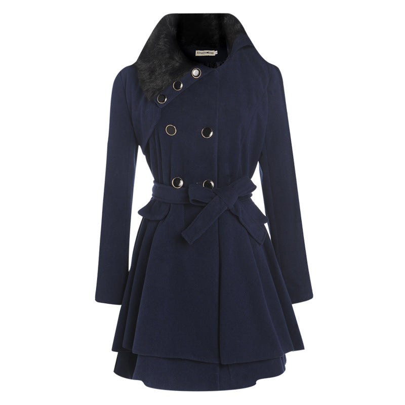 Women's Slim Mid-length Woolen Coat With Belt Thickened Double-breasted Padded Windbreaker Coat